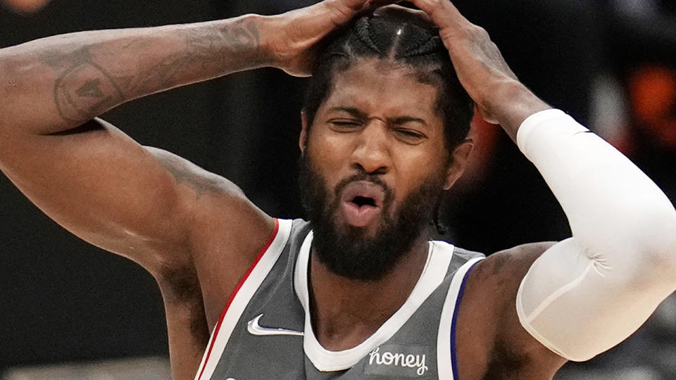 Paul George reacts to a missed shot during game four of the Western Conference Finals.