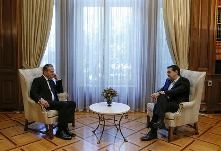 Greek Prime Minister Alexis Tsipras (R) meets with European Council President Donald Tusk at the Maximos Mansion in Athens, Greece, March 3, 2016. REUTERS/Alkis Konstantinidis