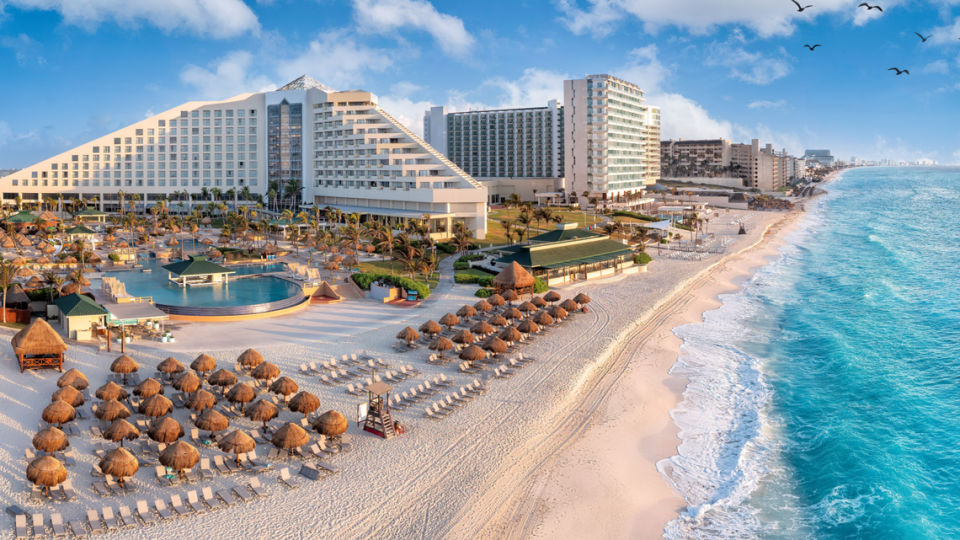 Hotels along a beach in Cancun, Mexico.