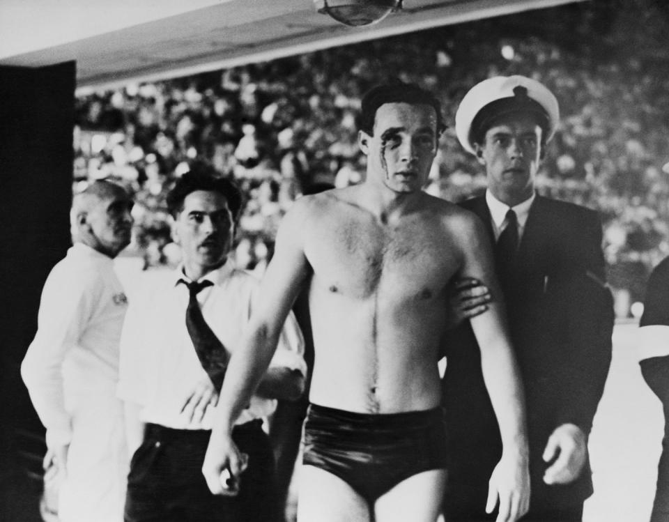 <p>Tensions between Hungary and the Soviet Union were running high in 1956—which trickled down to an Olympics water polo match between the two countries. Referees were forced to end the game after <a href="https://apnews.com/article/sports-australia-quentin-tarantino-soviet-union-melbourne-2bd4f833da93a76486589b278d8b8722#:~:text=It%20was%20dubbed%20%E2%80%9CBlood%20in,were%20killed%20and%20thousands%20arrested." rel="nofollow noopener" target="_blank" data-ylk="slk:players began throwing punches;elm:context_link;itc:0;sec:content-canvas" class="link ">players began throwing punches</a> at one another in the water, some even drawing blood. </p>