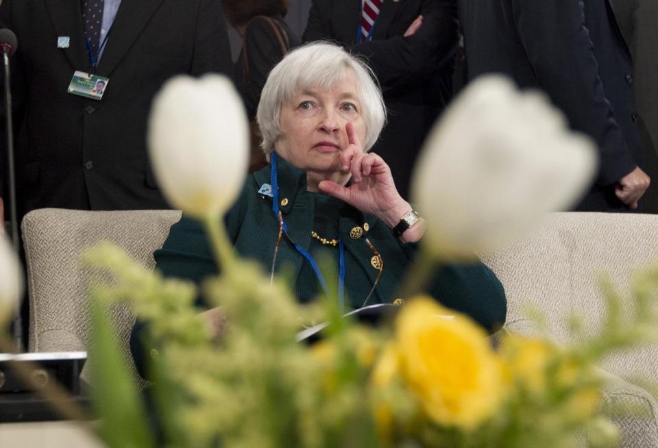 Federal Reserve Chair Janet Yellen listens during the International Monetary and Financial Committee (IMFC) meeting, Saturday, April 12, 2014, at the World Bank Group-International Monetary Fund Spring Meetings in Washington. ( AP Photo/Jose Luis Magana)