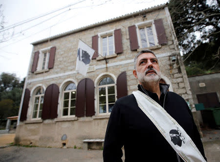 Jean-Yves Leandri, nationalist mayor of Granace, poses in front of the town hall during an interview with Reuters in the village of Granace near Ajaccio, on the French Mediterranean island of Corsica, January 31, 2018. REUTERS/Jean-Paul Pelissier