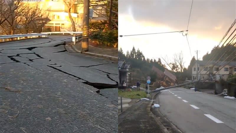 日本今日發生規模7.6強震，石川縣多地區出現地裂、房屋倒塌災情。（圖／翻攝自X）