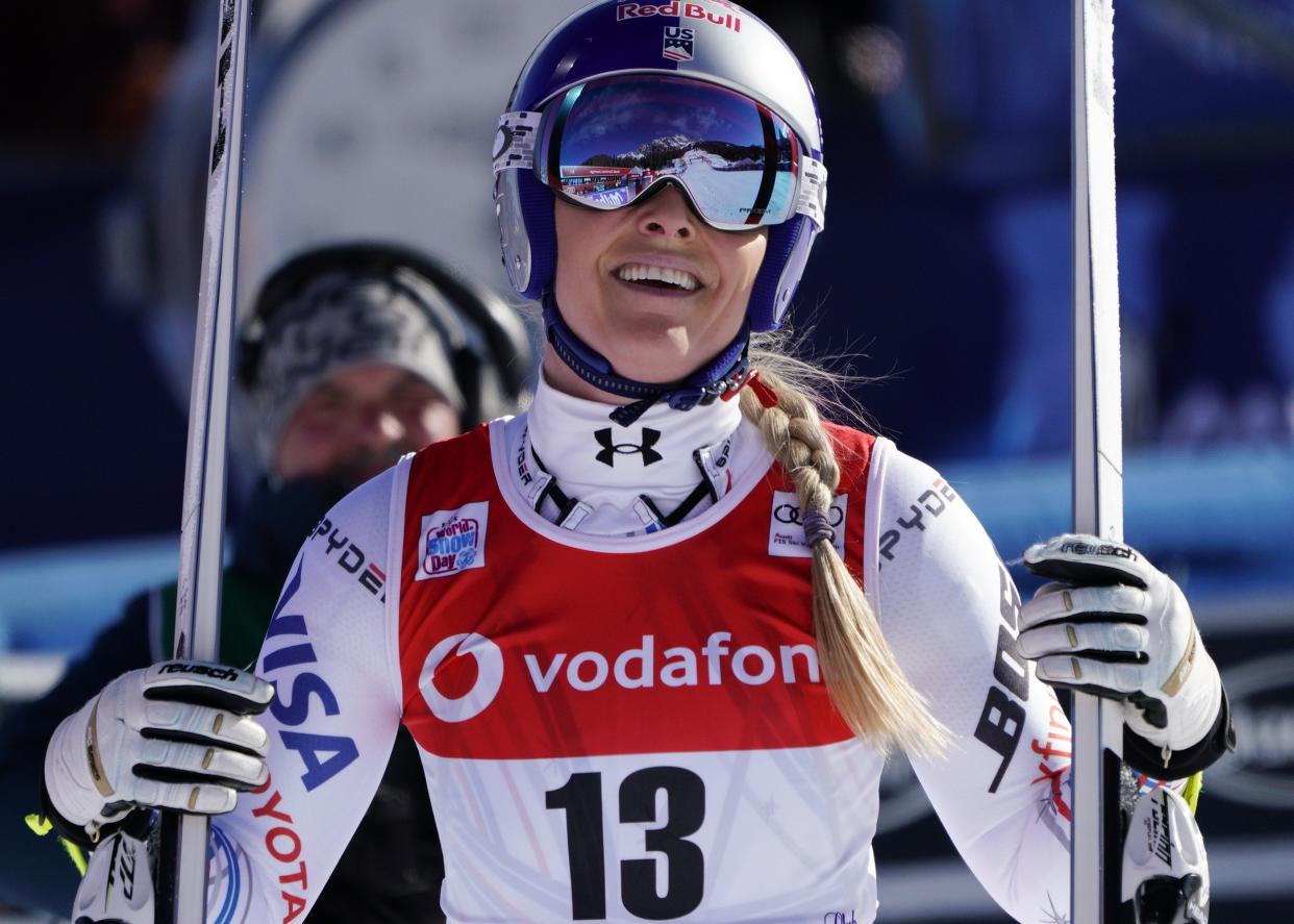 United States’ Lindsey Vonn smiles after competing in Cortina D’Ampezzo, Italy, last month in her penultimate skiing weekend. (AP Photo/Giovanni Auletta)