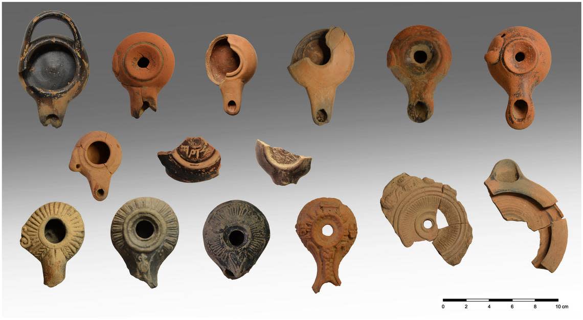 Clay lamps from several different eras found at the sanctuary.