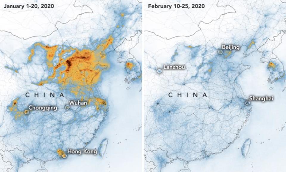 The dramatic fall in concentrations of nitrogen dioxide over China between 1 January and 25 February is related to the coronavirus quarantine, Chinese New Year and an overall economic slowdown.