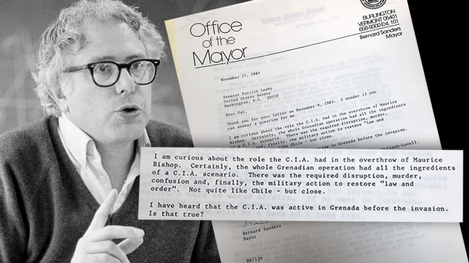 Then Burlington, VT Mayor Bernie Sanders in 1983 and his letter to Sen. Patrick Leahy. (photo illustration: Yahoo News; photos: AP, via University of Vermont Libraries)