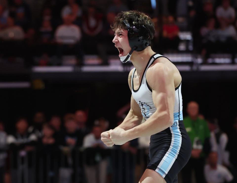 Geronimo Rivera, Layton, celebrates his win at 126 pounds in the 6A boys wrestling state championships at UVU in Orem on Saturday, Feb. 17, 2024.