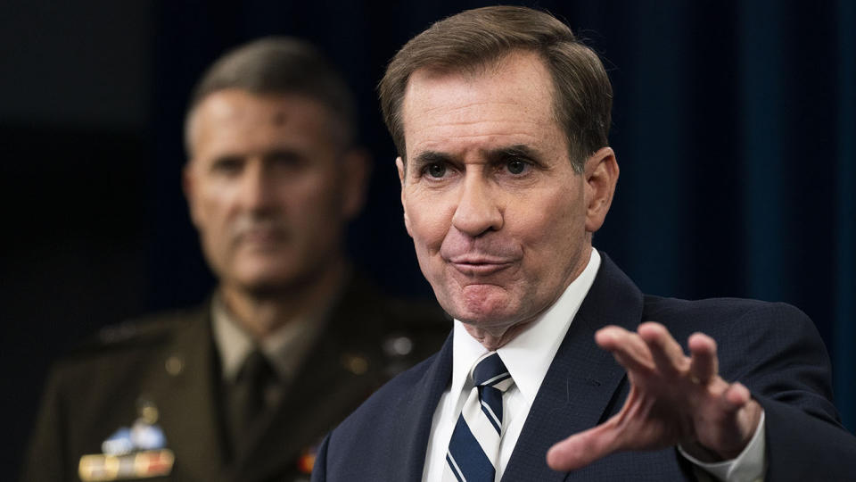 Pentagon spokesman John Kirby at a briefing on Afghanistan at the Pentagon on Monday, with U.S. Army Maj. Gen. William Taylor in the background. 