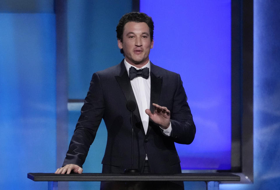 Actor Miles Teller speaks from the stage during the 49th AFI Life Achievement Award tribute to Nicole Kidman, Saturday, April 27, 2024, at the Dolby Theatre in Los Angeles. (AP Photo/Chris Pizzello)