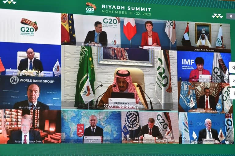 Saudi King Salman bin Abdulaziz gives an address opening the G20 summit, held virtually due to the Covid-19 pandemic