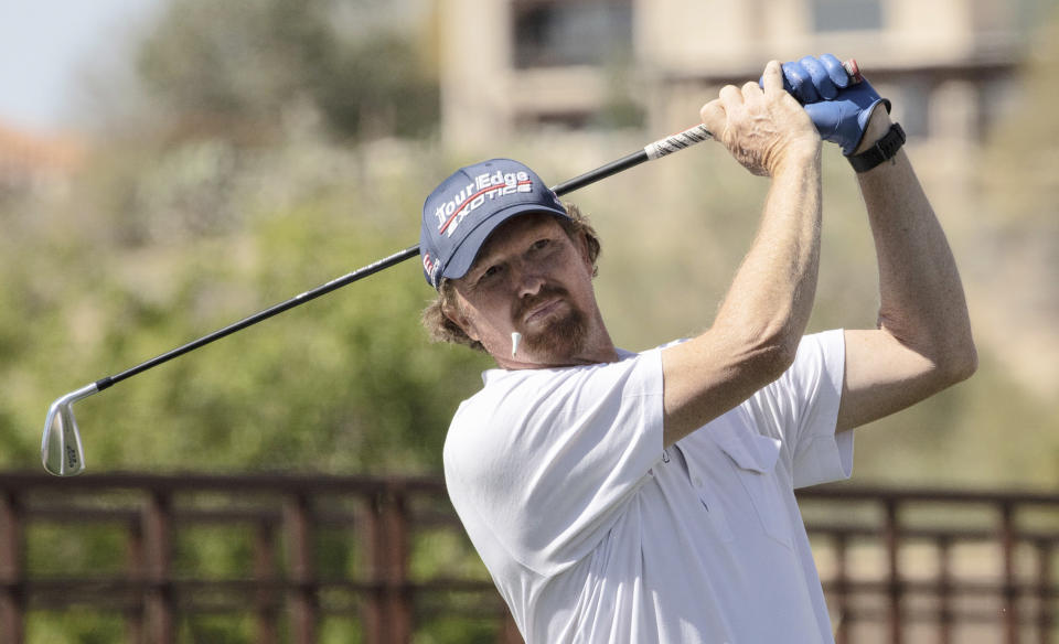 Tim Petrovic hits off the third tee during the second round of the 2021 Cologuard Classic golf tournament at the Omni Tucson National Resort on Saturday, Feb. 27, 2021. (Rick Wiley/Arizona Daily Star via AP)