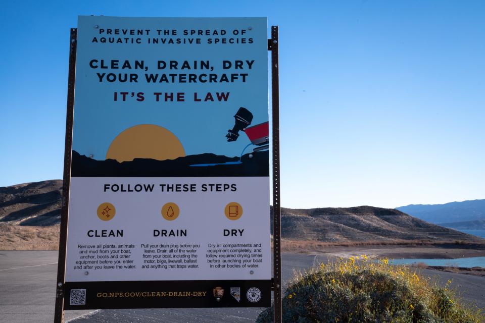 A Clean, Drain, Dry Your Watercraft sign on Feb. 17, 2022, in the Lake Mead National Recreation Area, on the Arizona/Nevada border.