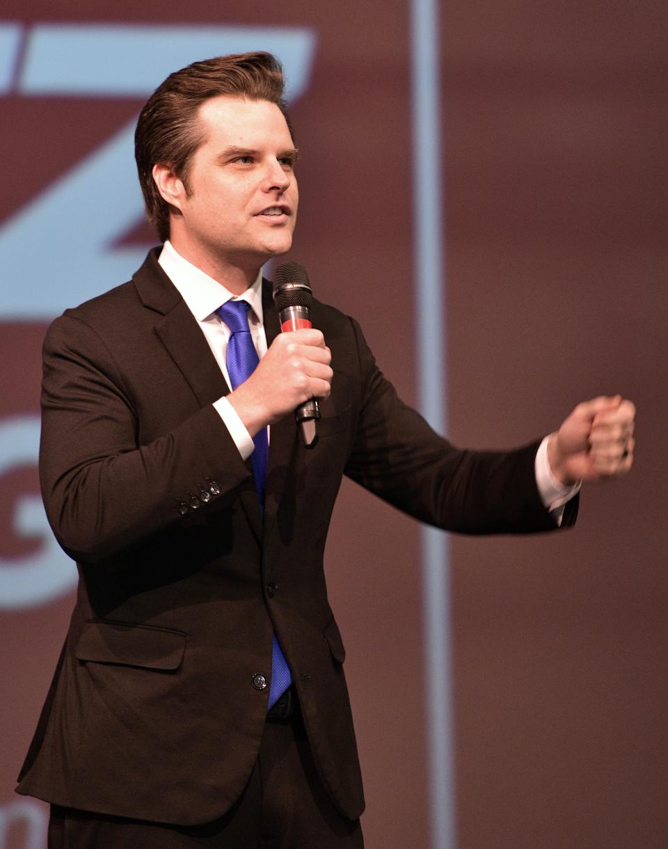 U.S. Rep. Matt Gaetz speaks at a campaign stop Aug. 22 at the WSRE Amos Studio at Pensacola State College.