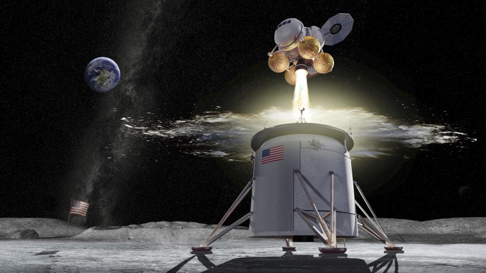 This illustration provided by NASA on Friday, Aug. 16, 2019, shows a proposed design for an Artemis program ascent vehicle leaving the surface of the moon, separating from a descent vehicle. On Friday, Aug. 16, 2019, NASA picked its Marshall Space Flight Center in Huntsville, Ala., to lead development of a lunar lander to carry astronauts back to the moon. (NASA via AP)