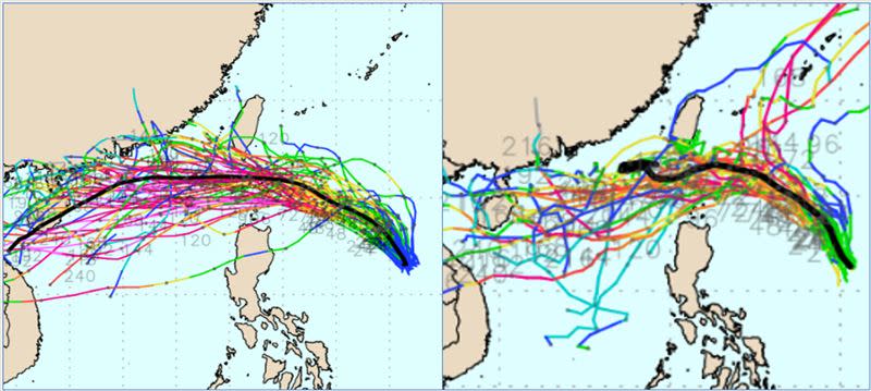 昨日20時，歐洲系集模式模擬（左圖）顯示，「小犬」的系集平均路徑，以偏西方向通過台灣南端近海。最新美國系集模式模擬（右圖）則顯示，「小犬」除了偏西進行的的機率較高外，在台灣東側海面，亦有較小的機率向北迴轉遠離。（圖／擷自weathernerds）