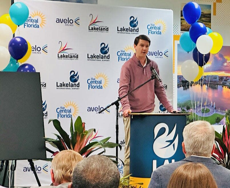 Avelo Airlines Head of Commercial Trevor Yealy speaks Wednesday during a new conference in Lakeland. The company announced that it will begin flights to New Haven, Connecticut, in June.