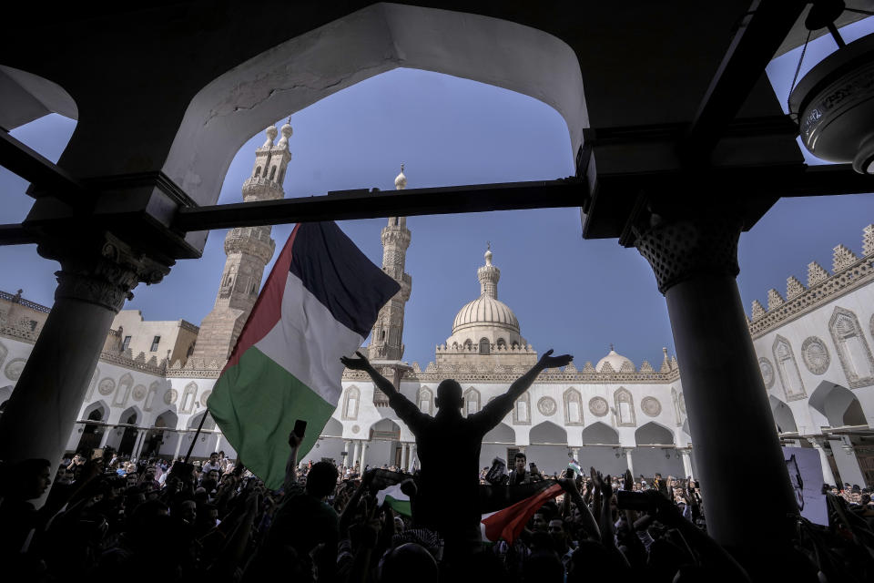 Protesters shout anti-Israel slogans during a rally to show solidarity with the people of Gaza after Friday prayers at Azhar mosque, the Sunni Muslim world's premier Islamic institution, in Cairo, Egypt, Friday, Oct. 20, 2023. (AP Photo/Amr Nabil)