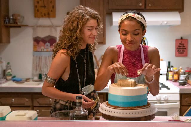 <p>Saeed Adyani/Prime Video</p> Odessa A'zion and Yara Shahidi in <em>Sitting in Bars with Cake</em> (2023)