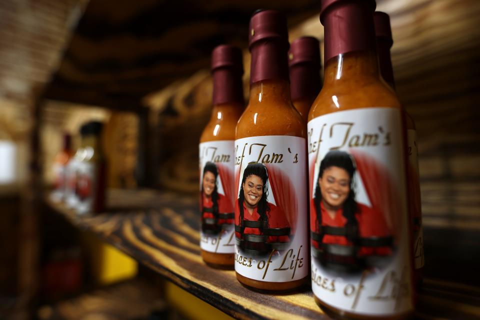 Sauces for sale at Chef Tam's Underground Cafe on Wednesday, Dec. 30, 2020 where Chef Tamra Patterson has changed a dining area into a spice factory to mix and bottle sauces to help make revenue. 