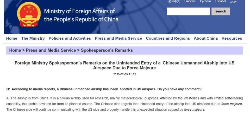 中國外交部發聲明承認「飛艇」來自中國。（翻攝自中國外交部）