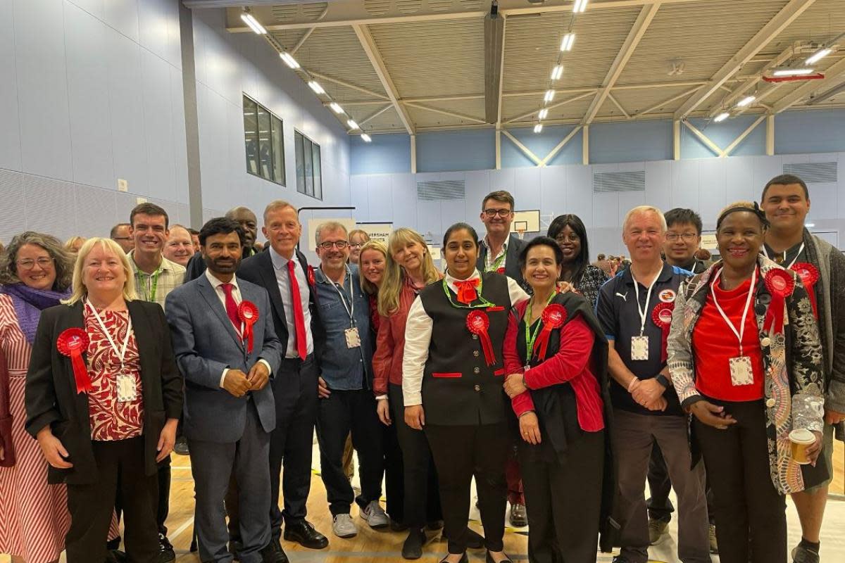 Matt Rodda, newly elected Labour MP for Reading Central, celebrates with Labour Reading Borough Councillors and party activists. <i>(Image: James Aldridge, Local Democracy Reporting Service)</i>