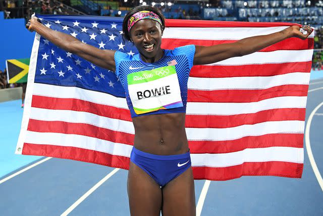 FRANCK FIFE/AFP via Getty Silver medallist USA's Tori Bowie celebrates after the Women's 100m Final during the athletics event at the Rio 2016 Olympic Games at the Olympic Stadium in Rio de Janeiro on August 13, 2016.