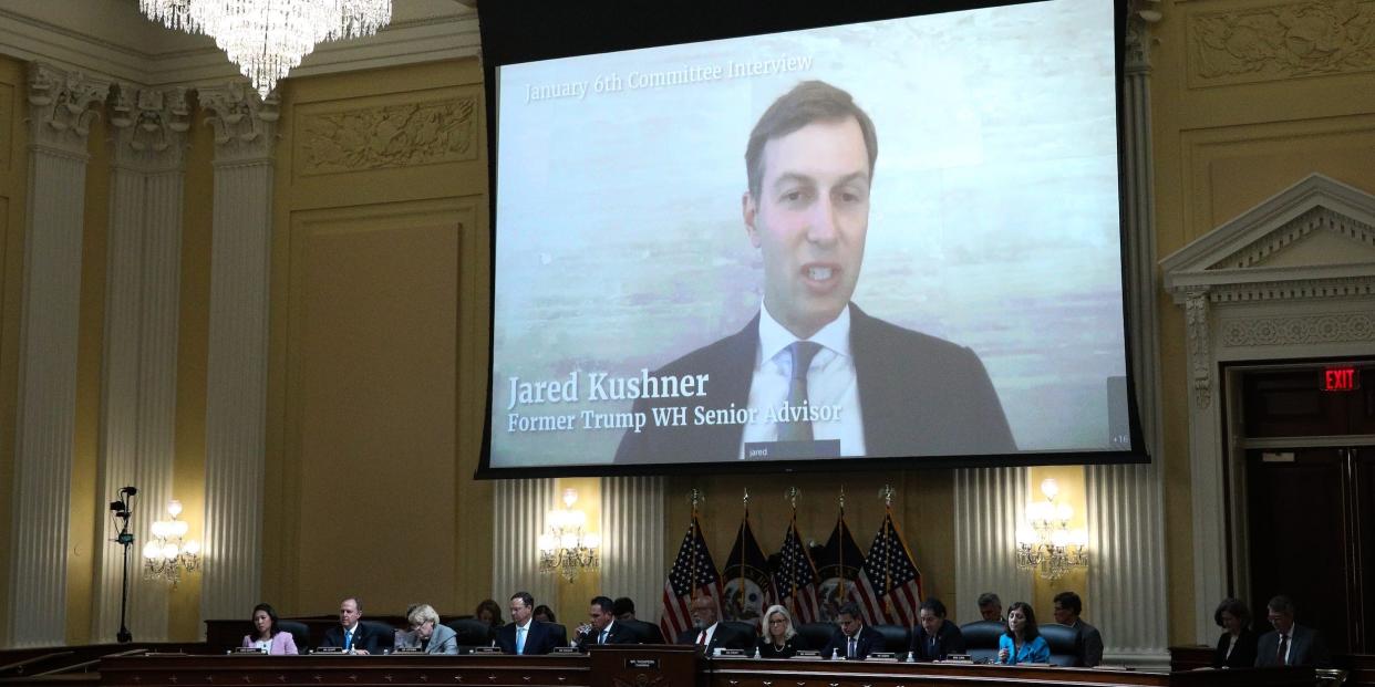 An image of Jared Kushner, Former White House Senior Advisor to former President Donald Trump is displayed on a screen during the third hearing held by the Select Committee to Investigate the January 6th Attack on the U.S. Capitol on June 16, 2022 in the Cannon House Office Building in Washington, DC.