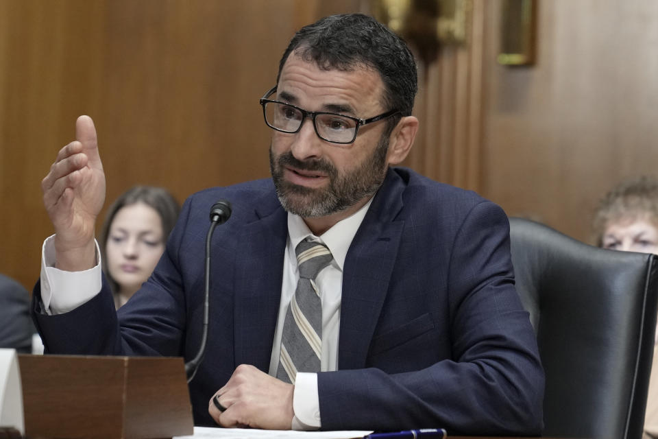 Daniel Werfel testifies before the Senate Finance Committee during his confirmation hearing to be the Internal Revenue Service Commissioner, Wednesday, Feb. 15, 2023, on Capitol Hill in Washington. Werfel, President Joe Biden's nominee to lead the Internal Revenue Service says he will commit to not increasing tax audits on businesses and households making less than $400,000 per year. (AP Photo/Mariam Zuhaib)