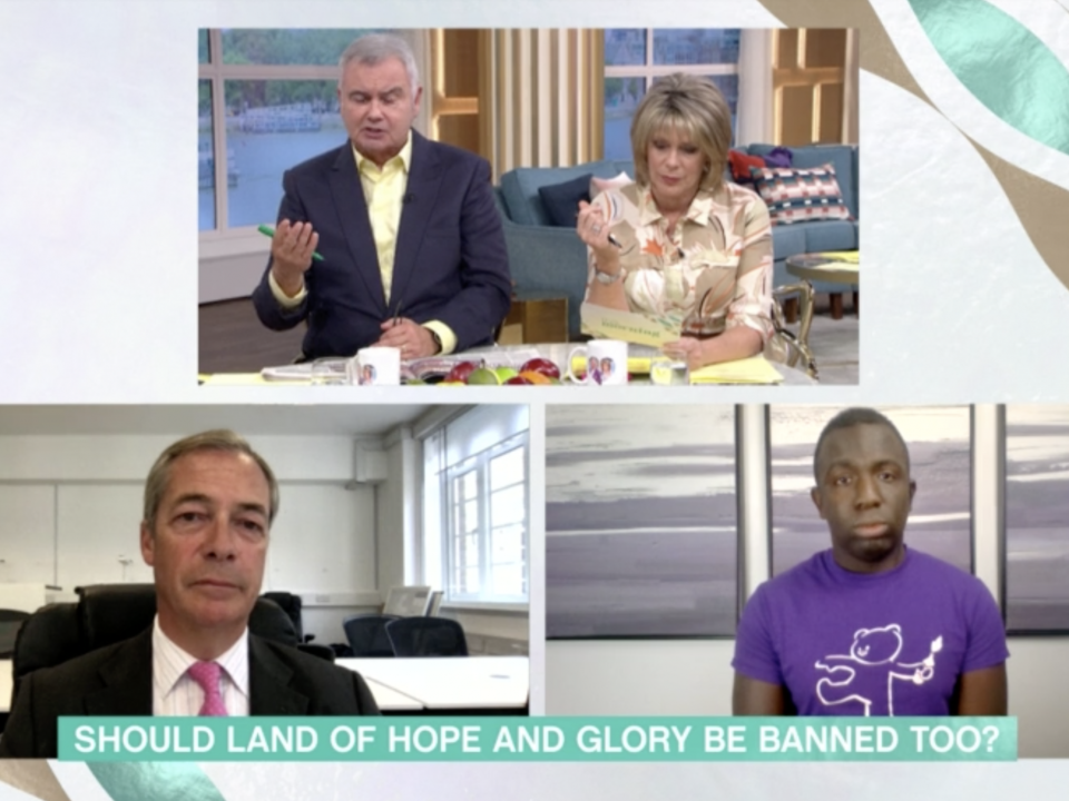 Eamonn Holmes, Femi Oluwole and Nigel Farage on today's episode of 'This Morning': ITV