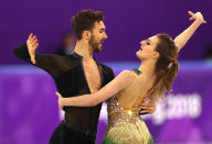 <p>Gabriella Papadakis and Guillaume Cizeron of France compete during the Figure Skating Ice Dance Short Dance on day 10 of the PyeongChang 2018 Winter Olympic Games at Gangneung Ice Arena on February 19, 2018 in Pyeongchang-gun, South Korea. (Photo by Dean Mouhtaropoulos/Getty Images) </p>