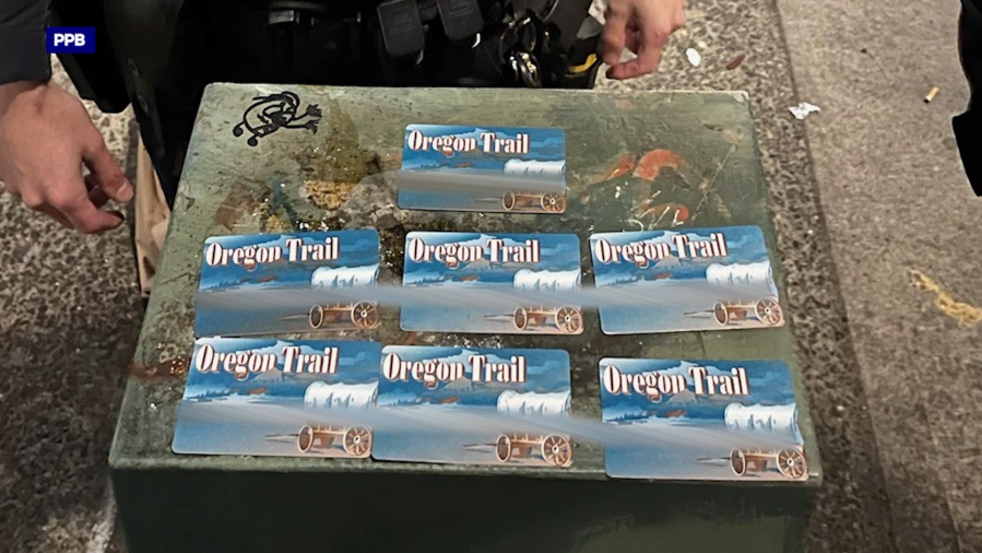 <em>Oregon EBT cards seized from a suspect during a drug mission near the Safeway at SW 10th and Jefferson in downtown Portland, February 10, 2024 (PPB)</em>