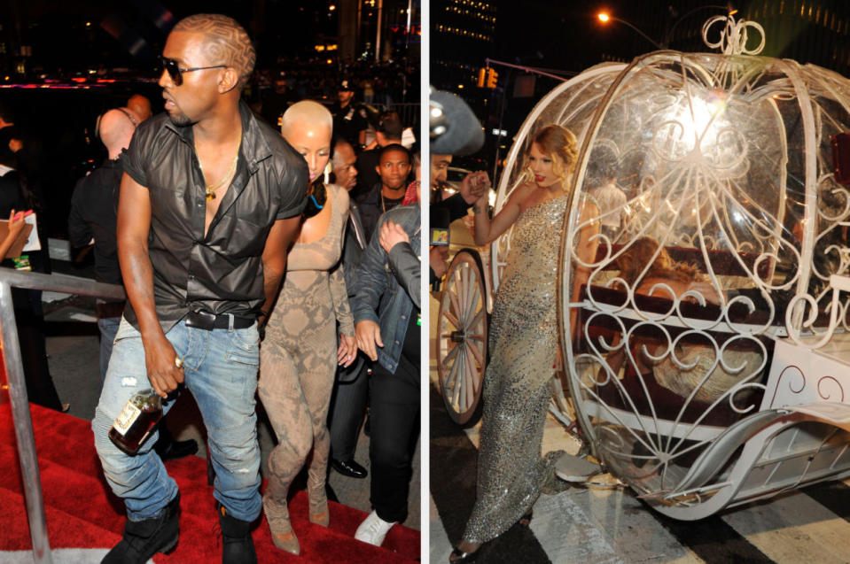 Kanye carrying a bottle of Hennessy and Taylor emerging from the carriage