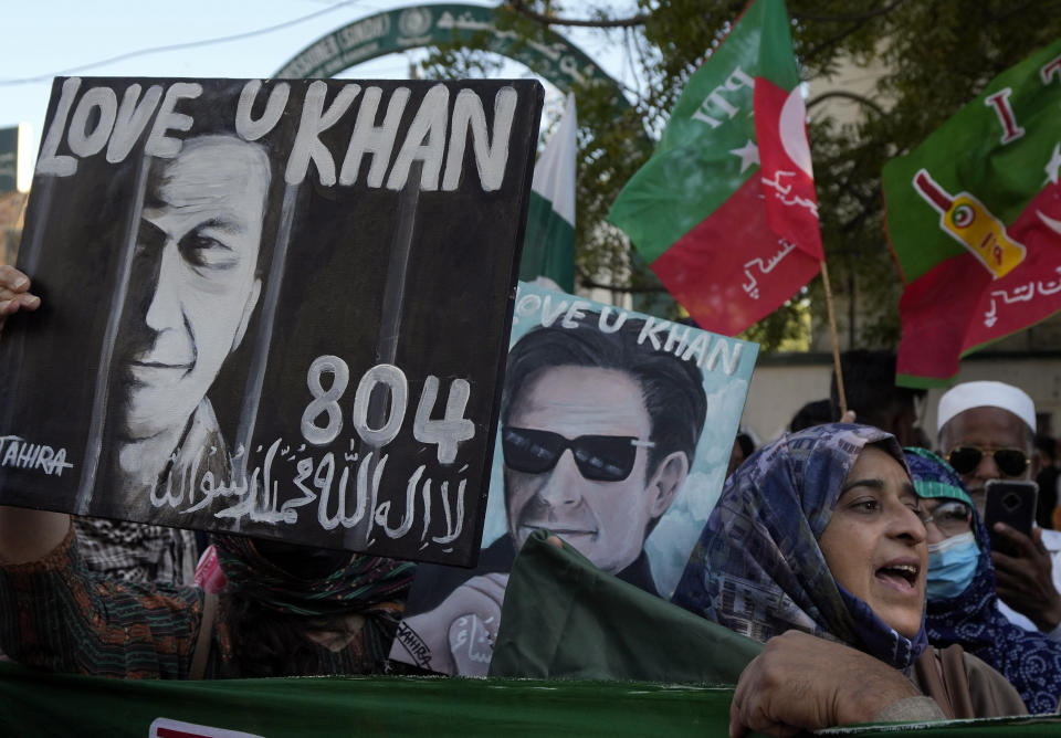 Supporters of imprisoned Pakistan's Former Prime Minister Imran Khan's party 'Pakistan Tehreek-e-Insaf' hold a protest against alleged vote-rigging in some constituencies in the parliamentary elections, in Karachi, Pakistan, Saturday, Feb. 17, 2024. (AP Photo/Fareed Khan)