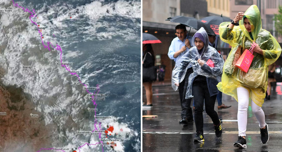 Map showing wet weather hitting coast of Queensland as downpour expected to dampen bushfire zones.