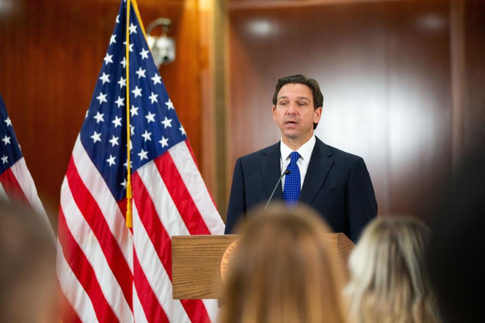 Gov. Ron DeSantis holds a press conference to announce the suspension of State Attorney Monique Worrell on Aug. 9, 2023.
