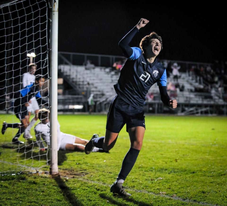 Brookfield East midfielder Lorenzo Reina celebrates his goal against Whitefish Bay during a match last year. Brookfield East faces Marquette on Tuesday night.