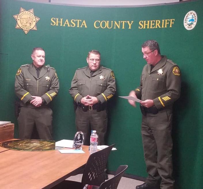 A photo of Patrick Kropholler's retirement ceremony was posted on Facebook in January 2022. From left to right are Sheriff Michael Johnson, Kropholler, center, and Captain Brian Jackson.