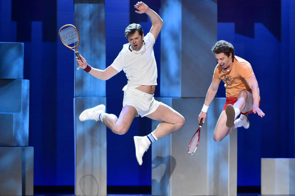 NEW YORK, NY - JUNE 11: Andrew Rannells and Christian Borle perform with the cast of 'Falsettos' onstage during the 2017 Tony Awards at Radio City Music Hall on June 11, 2017 in New York City. (Photo by Theo Wargo/Getty Images for Tony Awards Productions)