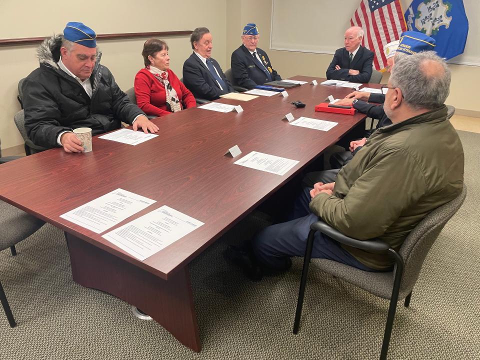 From left, Roman Zelez, Nadiya Ivantsiv, Myron Melnyk and Carl Harvey and others met with Congressman Joe Courtney to discuss efforts on supporting Ukraine and its soldiers Friday.