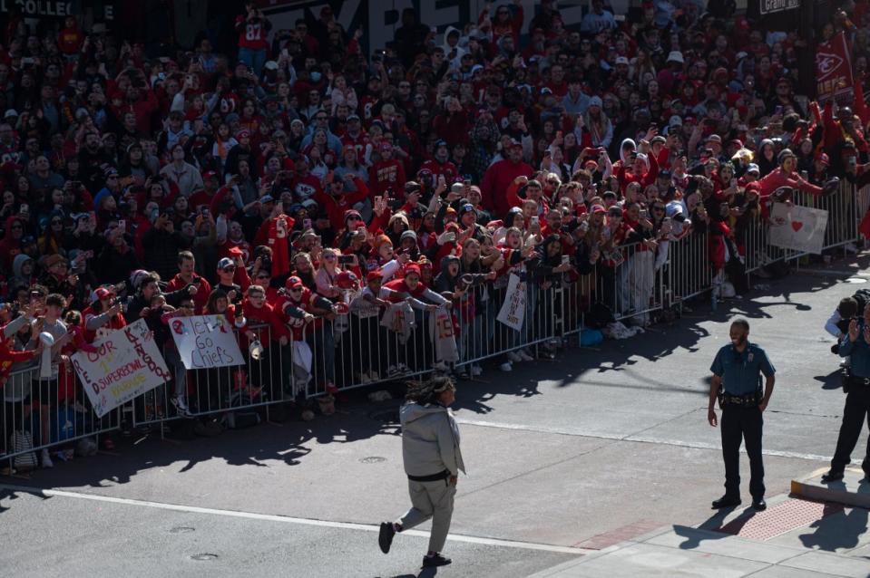 Fans cheer for Kansas City Chiefs running back Isiah Pacheco.<span class="copyright">Amy Kontras—AFP/Getty Images</span>