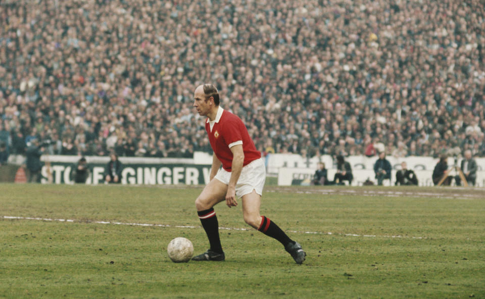 Bobby Charlton of Manchester United runs with the ball during the League Division One match between Chelsea and Manchester United held on April 28, 1973, at Stamford Bridge, in London. This was  his last appearance for Manchester United. / Credit: Don Morley/Allsport/Getty Images