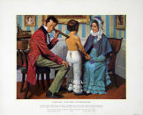 This image made available by the University of Michigan shows the 1960 painting "Laennec and the Stethoscope" by Robert Thom, depicting Dr. Theophile Laennec examining a young patient at Necker Hospital in Paris, France, in 1816. Laennec’s invention made it easier to hear heart and lung sounds than pressing an ear against the chest. Rubber tubes, earpieces and the often cold metal attachment that is placed against the chest came later, helping to amplify the sounds. (From the collection of Michigan Medicine, University of Michigan, Gift of Pfizer Inc. via AP)