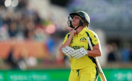 Cricket - Australia vs India - Women's Cricket World Cup Semi Final - Derby, Britain - July 20, 2017 Australia's Alyssa Healy walks after being dismissed by India's Jhulan Goswami Action Images via Reuters/Jason Cairnduff