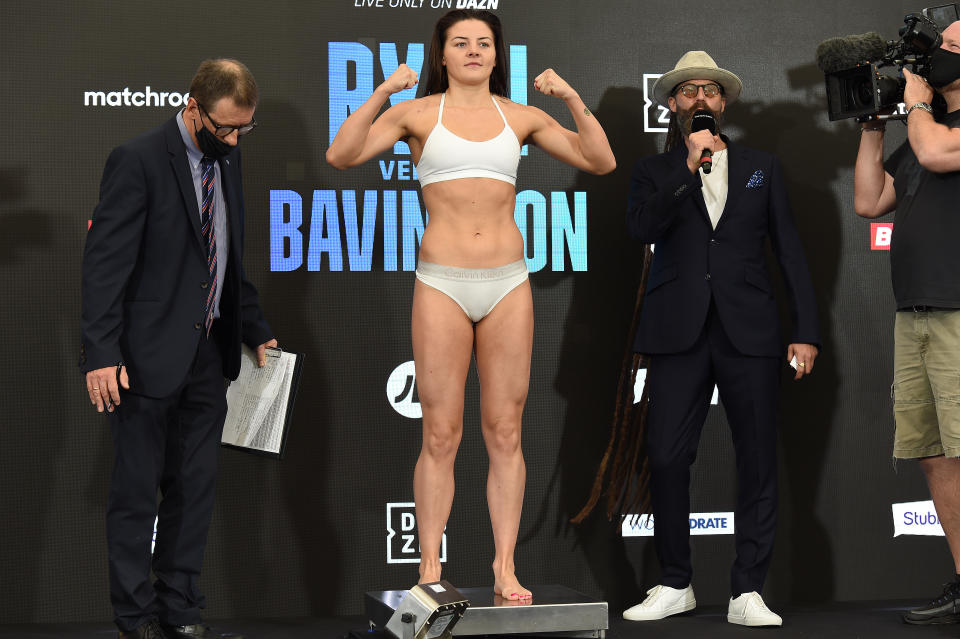 <p>BRENTWOOD, ENGLAND - JULY 30: Sandy Ryan at the Matchroom Fight Camp weigh in on July 30, 2021 in Brentwood, England. (Photo by Leigh Dawney/Getty Images)</p>
