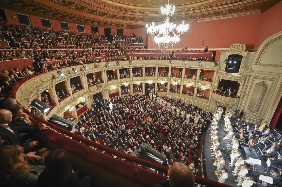 FILE - This Oct. 26, 2011, file photo shows a general view shows the Romanian National opera hall, one of the venues of the George Enescu Classical music festival. The 2013 edition of the classical music George Enescu International Festival that takes place in the Romanian capital between Sept. 1 and Sept 28, 2013, enjoyed unprecedented levels of audience with 80 percent of the tickets sold out in the first few days they went on sale . (AP Photo/Octav Ganea/Mediafax, File)