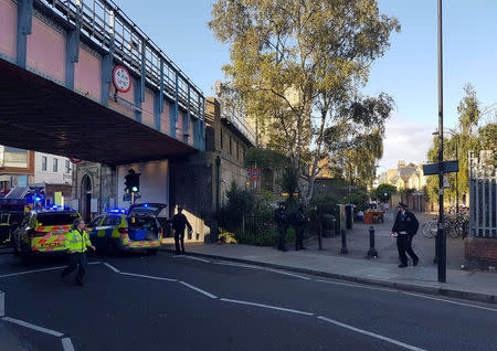 Emergency services attend the scene following a blast on an underground train at Parsons Green tube station in West London, Britain September 15, 2017, in this image taken from social media. TWITTER / @ASolopovas/via REUTERS