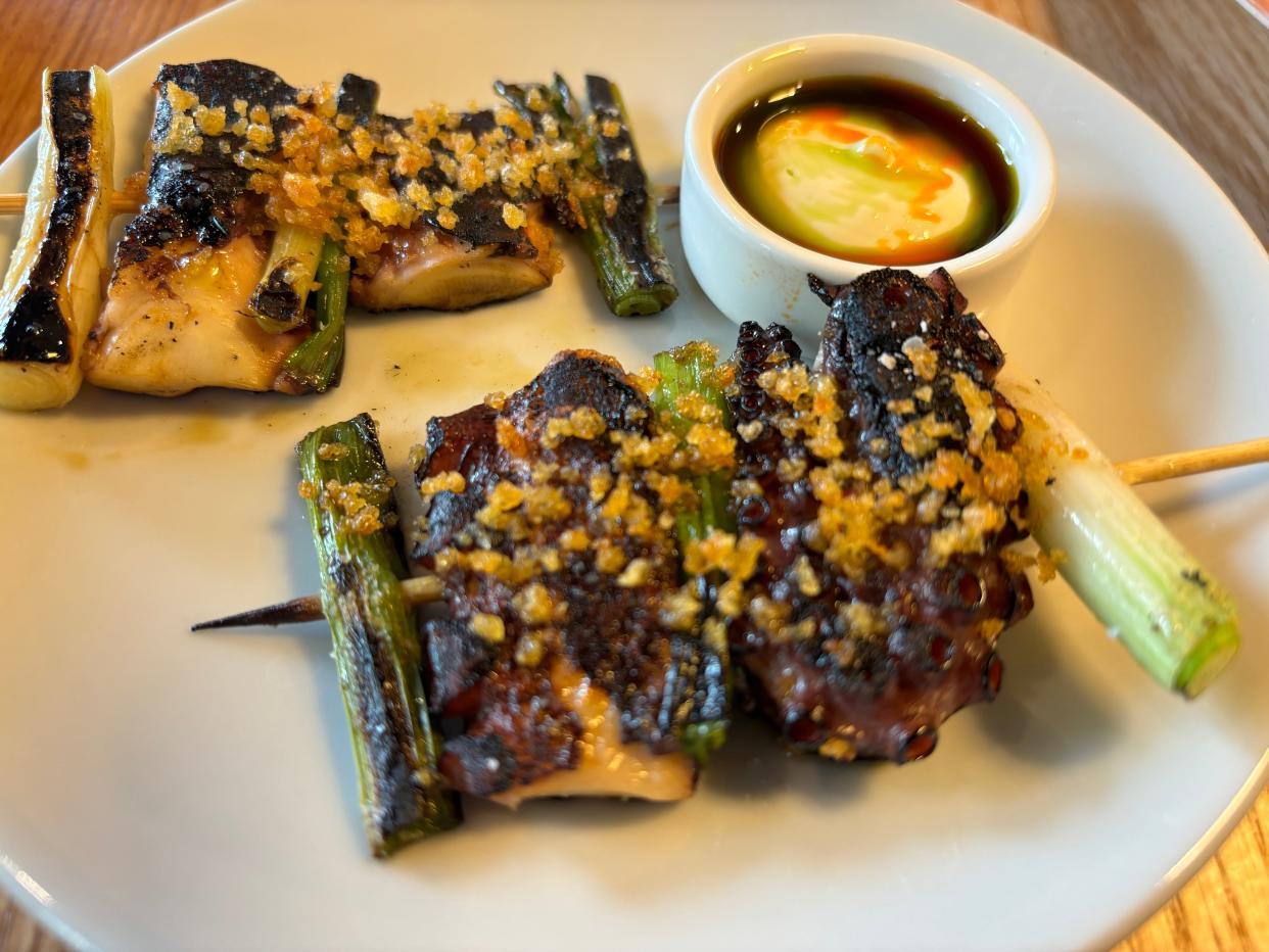 Charred octopus with green onion and aioli is one of several pintxos served at Leña, a new eatery in Brush Park.