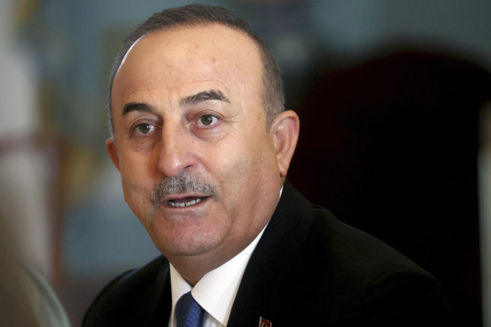 Turkey's Foreign Minister Mevlut Cavusoglu speaks during a meeting with Secretary of State Antony Blinken at the State Department in Washington, Wednesday, Jan. 18, 2023. (Leah Millis/Pool via AP)