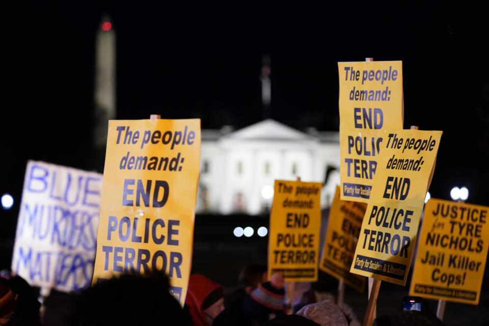 CORRECTS DATE FROM THURSDAY, JAN. 26 TO FRIDAY, JAN. 27 - Protesters gather in Lafayette Park outside the White House in Washington, Friday, Jan. 27, 2023, over the death of Tyre Nichols, who died after being beaten by Memphis police. (AP Photo/Andrew Harnik)